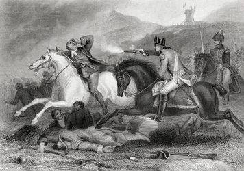 El líder rebelde Padre Clinch siendo disparado en la Batalla de Vinegar Hill, Enniscorthy, Condado de Wexford, Irlanda en 1798, de 
